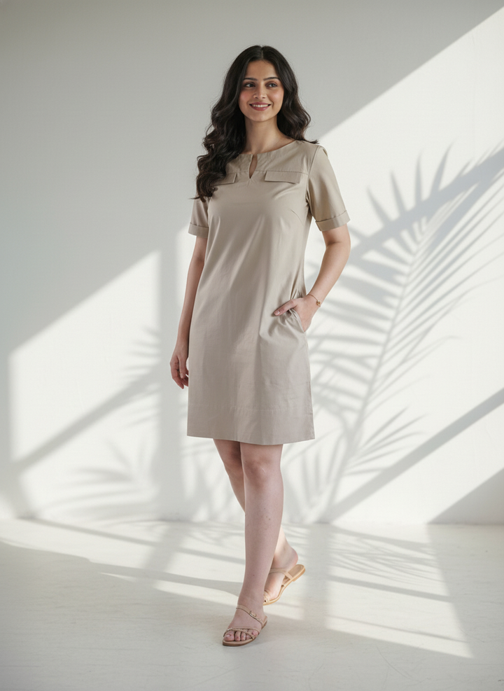 Khaki Solid Cotton Shift Dress (Everyday Casual)