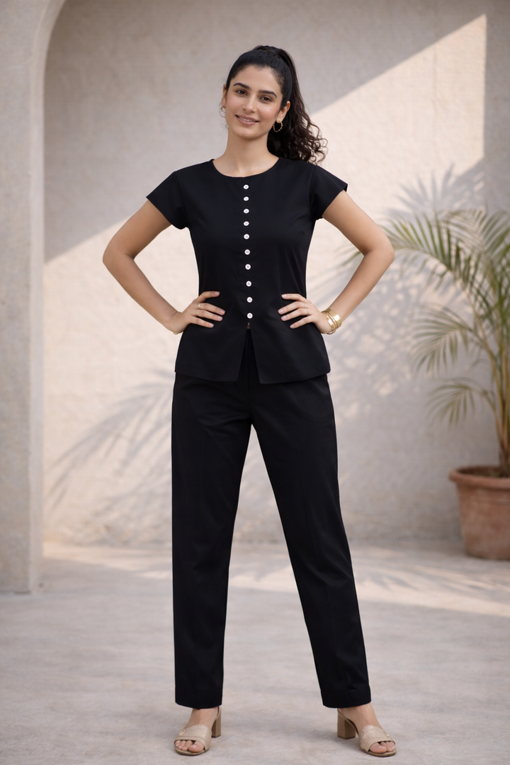 Black Solid Cotton Poplin Co-ord Set (Everyday Casual)