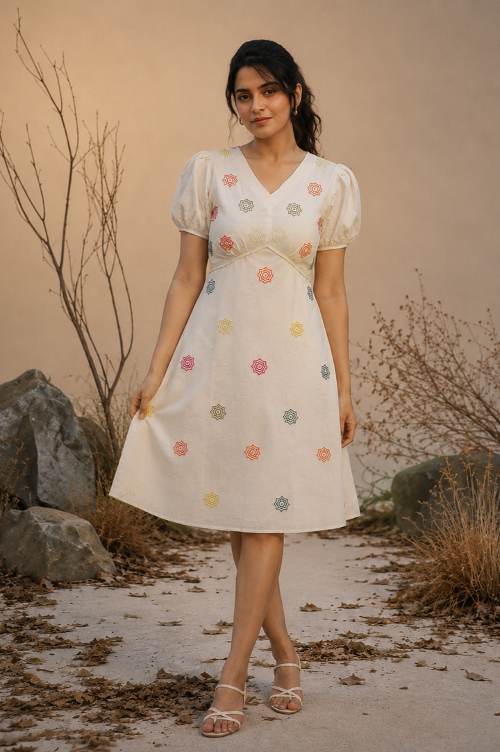Floral Embroidered Cotton Poplin Midi Dress (Casual Summerwear)