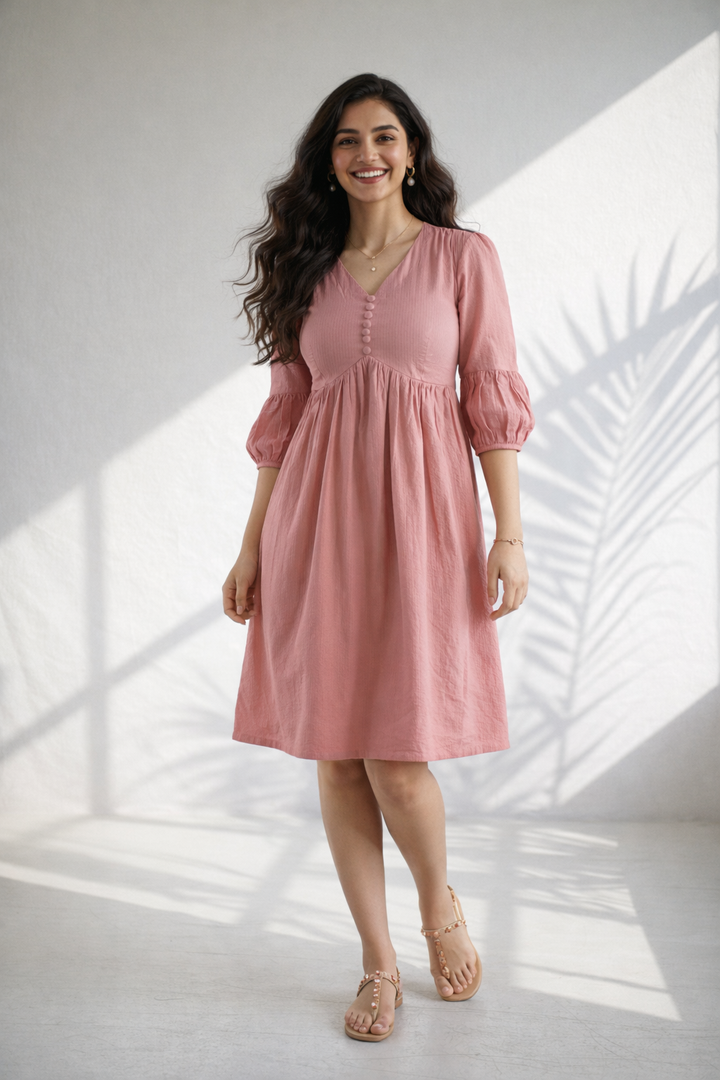 Rose Pink Floral Print Cotton Midi Dress (Casual)