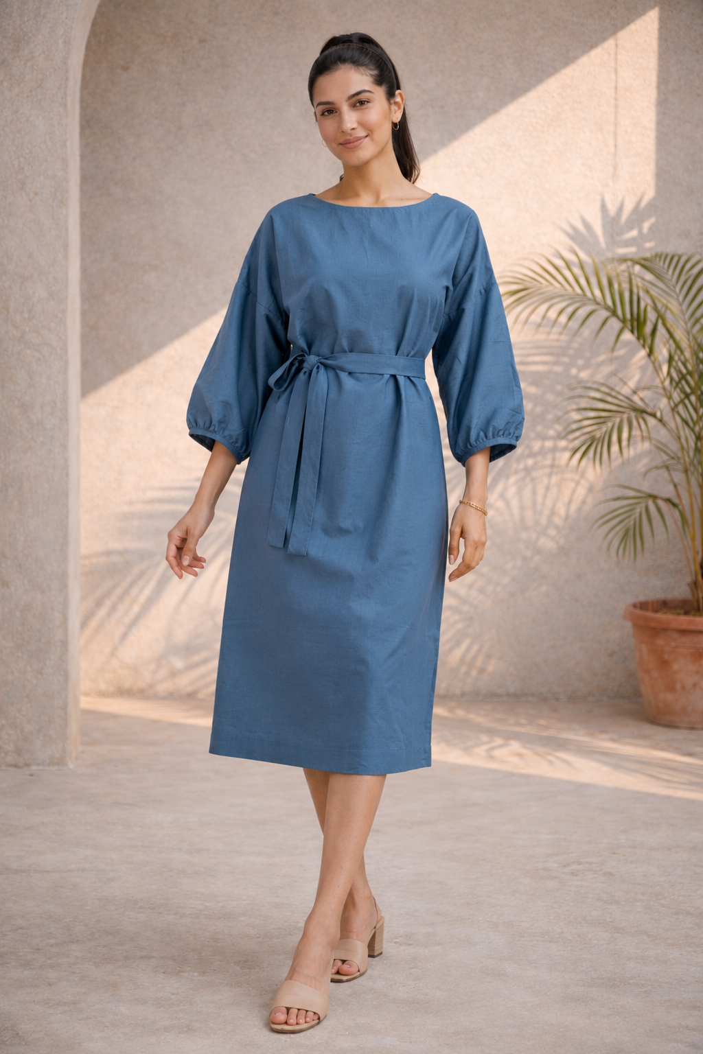 Dove Grey Cotton Linen Kimono Midi Dress (Brunch)