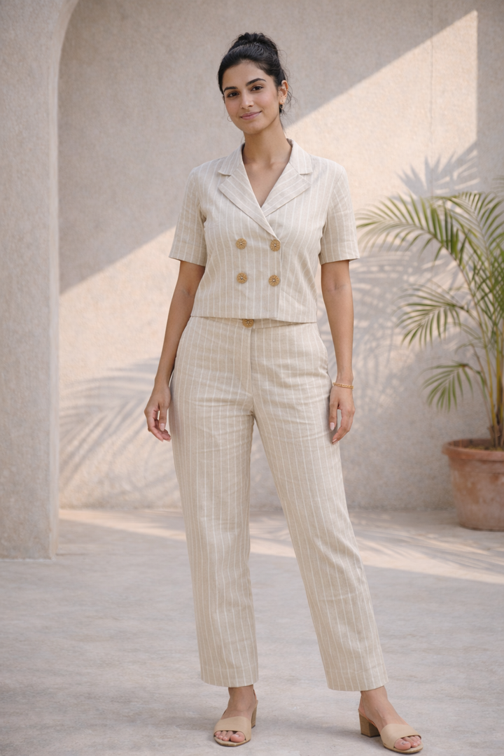 Peach Cream Striped Linen Tailored Blazer Co-ord Set (Workwear)