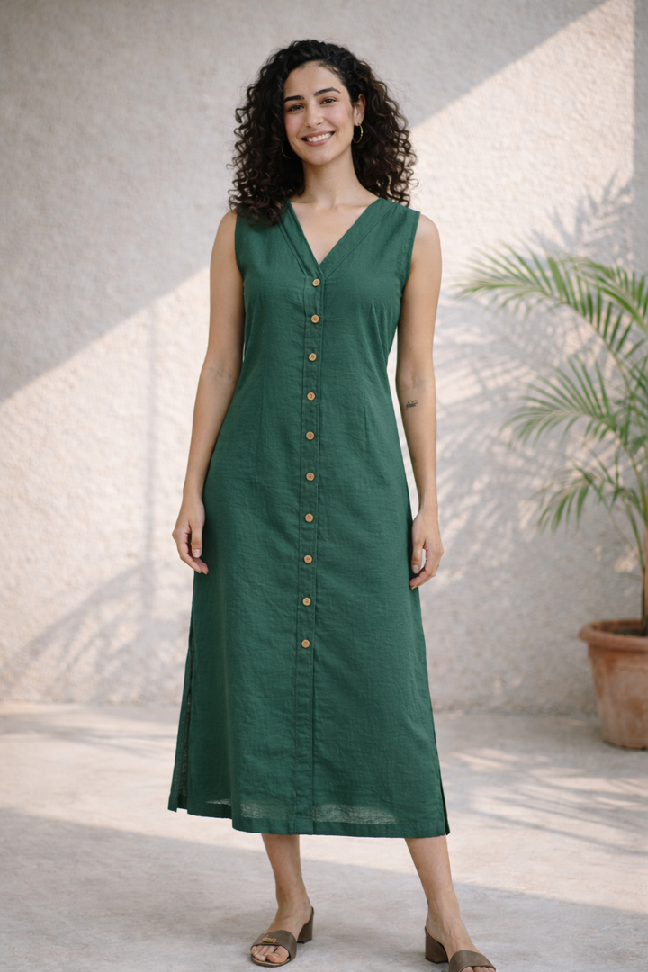 Olive Green Solid Cotton Shirt Dress (Workwear)