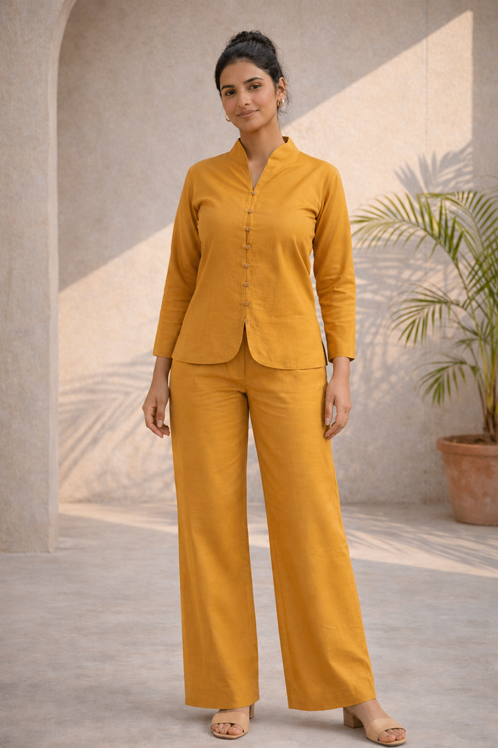 Mustard Yellow Cotton Linen Mandarin Collar Co-ord Set (Workwear)