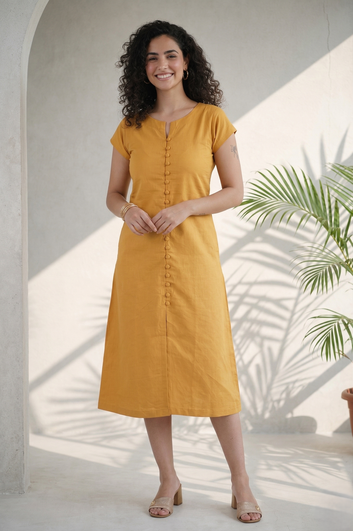 Mustard Yellow Linen Button-Down Midi Dress (Workwear)