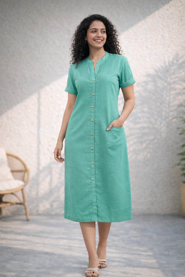 Sea Green Cotton Linen Straight Dress (Easy Everyday)