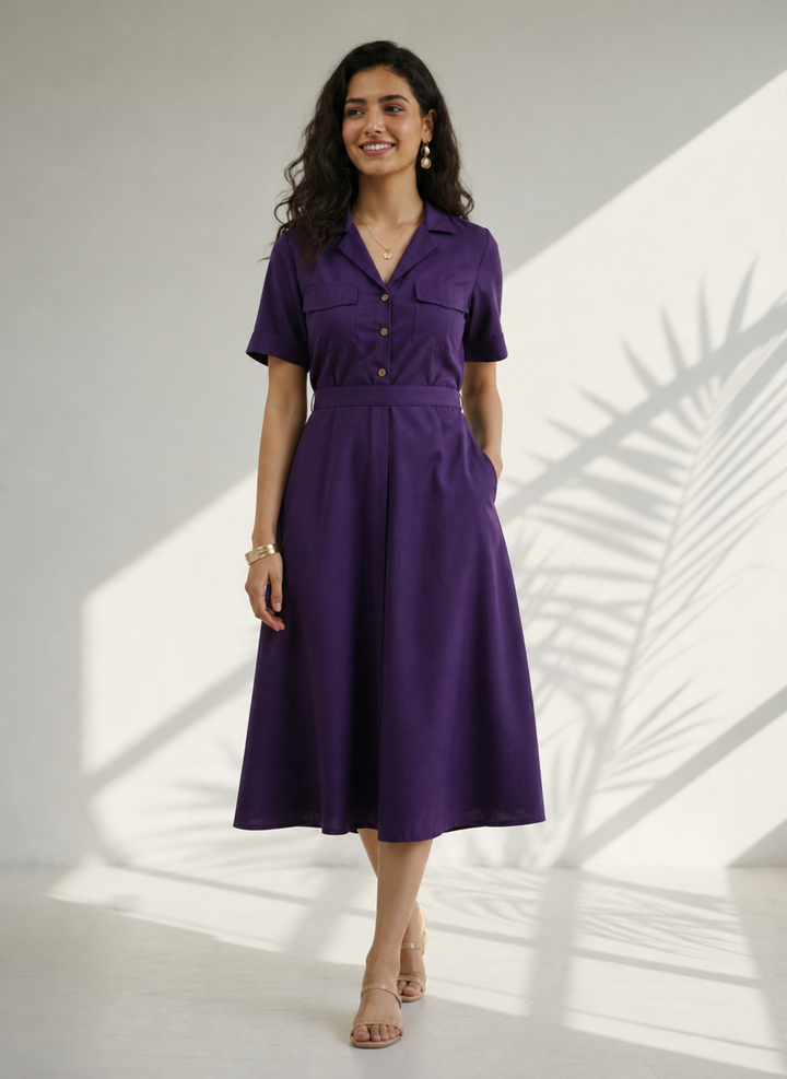 Berry Purple Cotton Poplin Midi Dress (Casual)