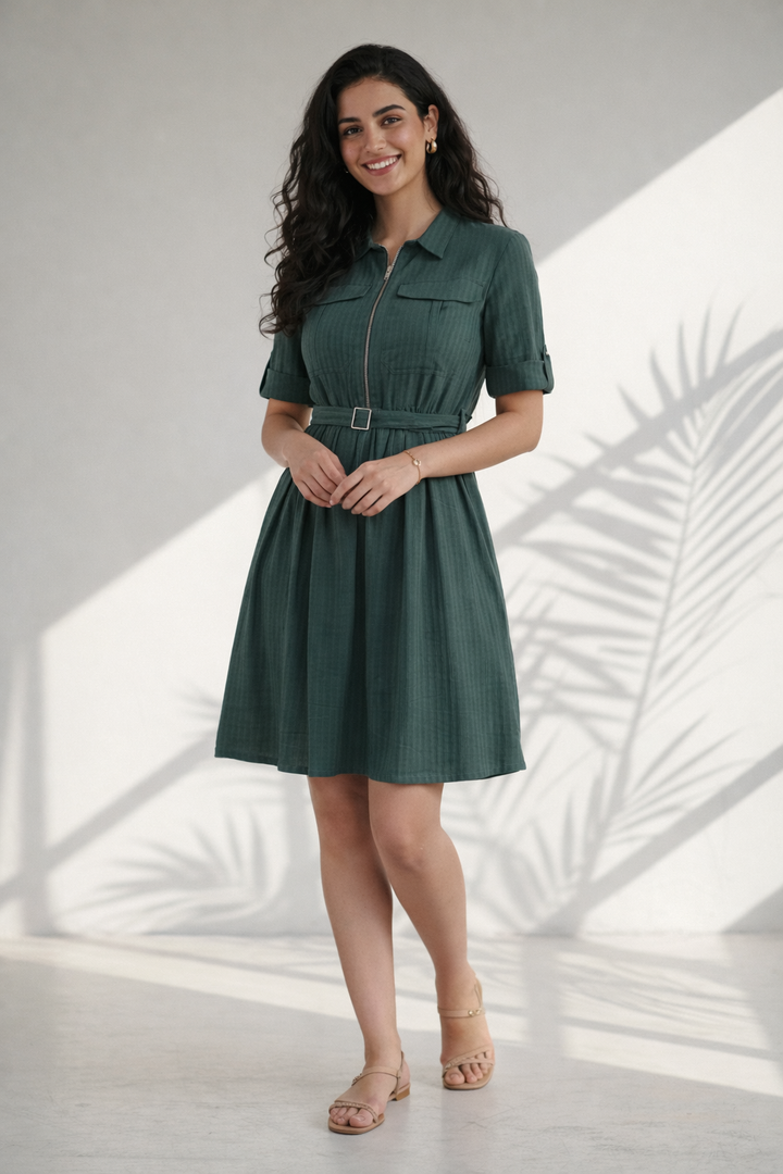Olive Green Solid Cotton Poplin Flare Dress (Everyday Casual)