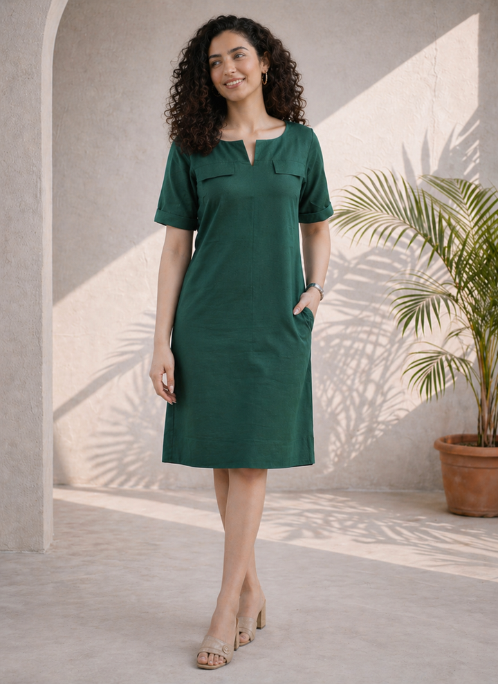 Olive Green Cotton-Linen Shift Dress (Workwear)