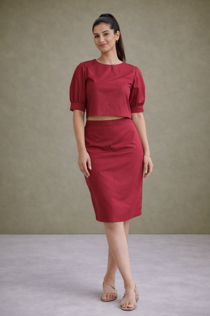 Carmine Red Tailored Organic Cotton Pencil Skirt Co-ord Set (Casual/ Workwear)