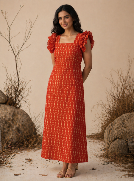 Amber Orange Handloom Ikkat Ruffle Sleeve Dress