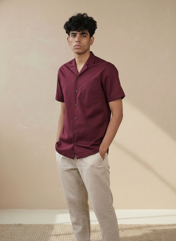 Merlot Solid Organic Cotton Notched Collar Shirt (Casual Wear)