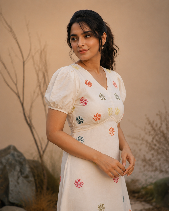 Floral Embroidered Cotton Poplin Midi Dress (Casual Summerwear)