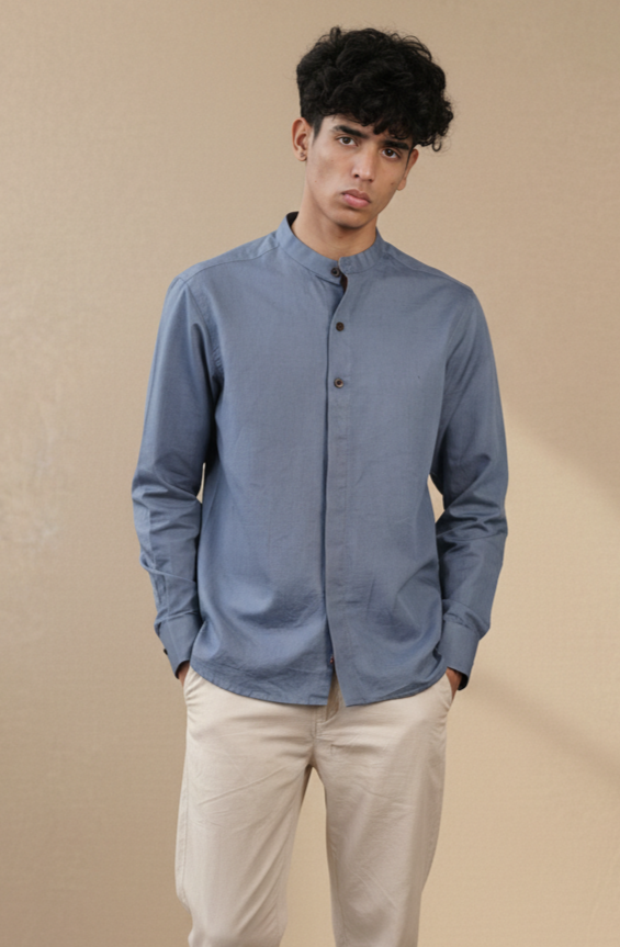 Ash Blue Natural Linen Mandarin Collar Shirt (Everyday Wear)