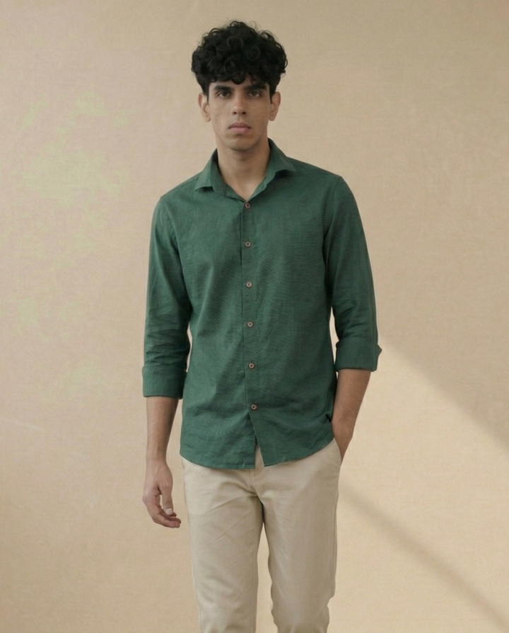 Earthy Green Pure Linen Regular Fit Shirt (Smart Casual)