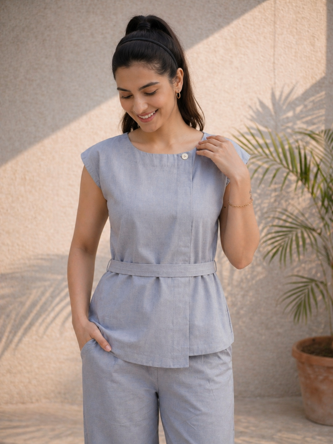 Denim Grey-Blue Organic Cotton Twill Belted Co-ord Set (Casual/ Workwear)