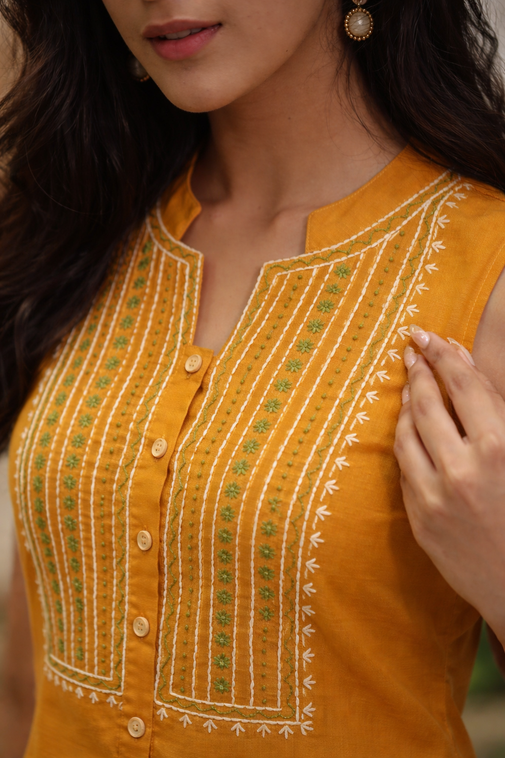 Mustard Cotton Linen Embroidered Straight Dress