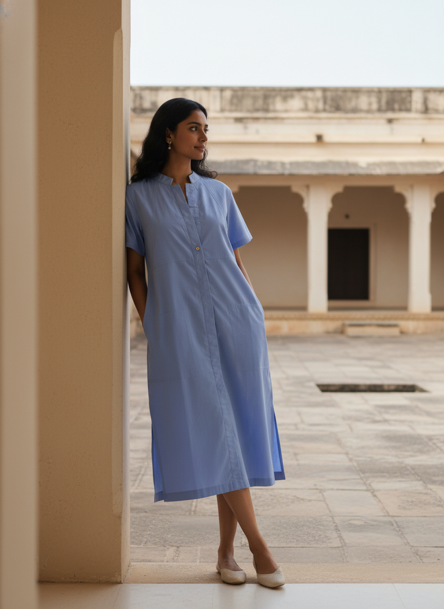 Soft Blue Cotton Shift Dress (Everyday Casual)