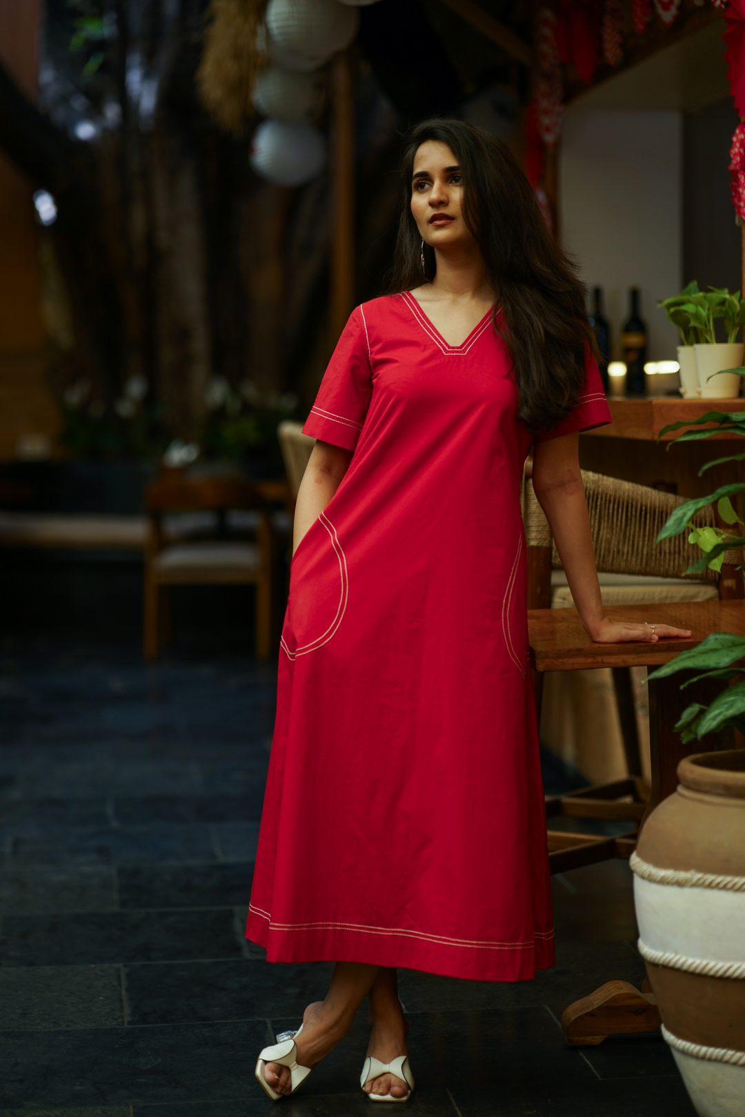 Solid Red Organic Cotton Poplin V-Neck Maxi Dress