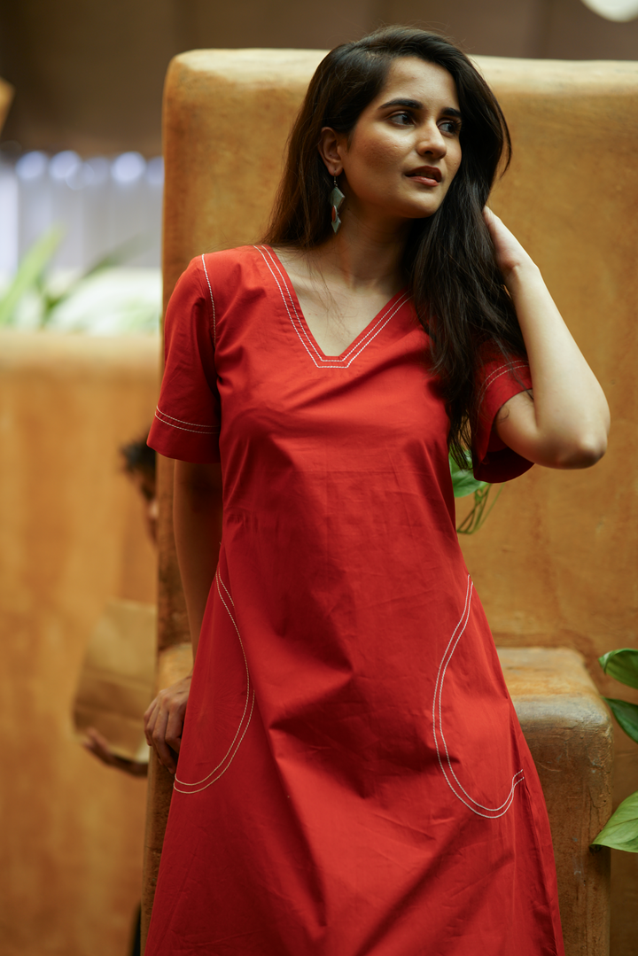 Solid Red Organic Cotton Poplin V-Neck Maxi Dress