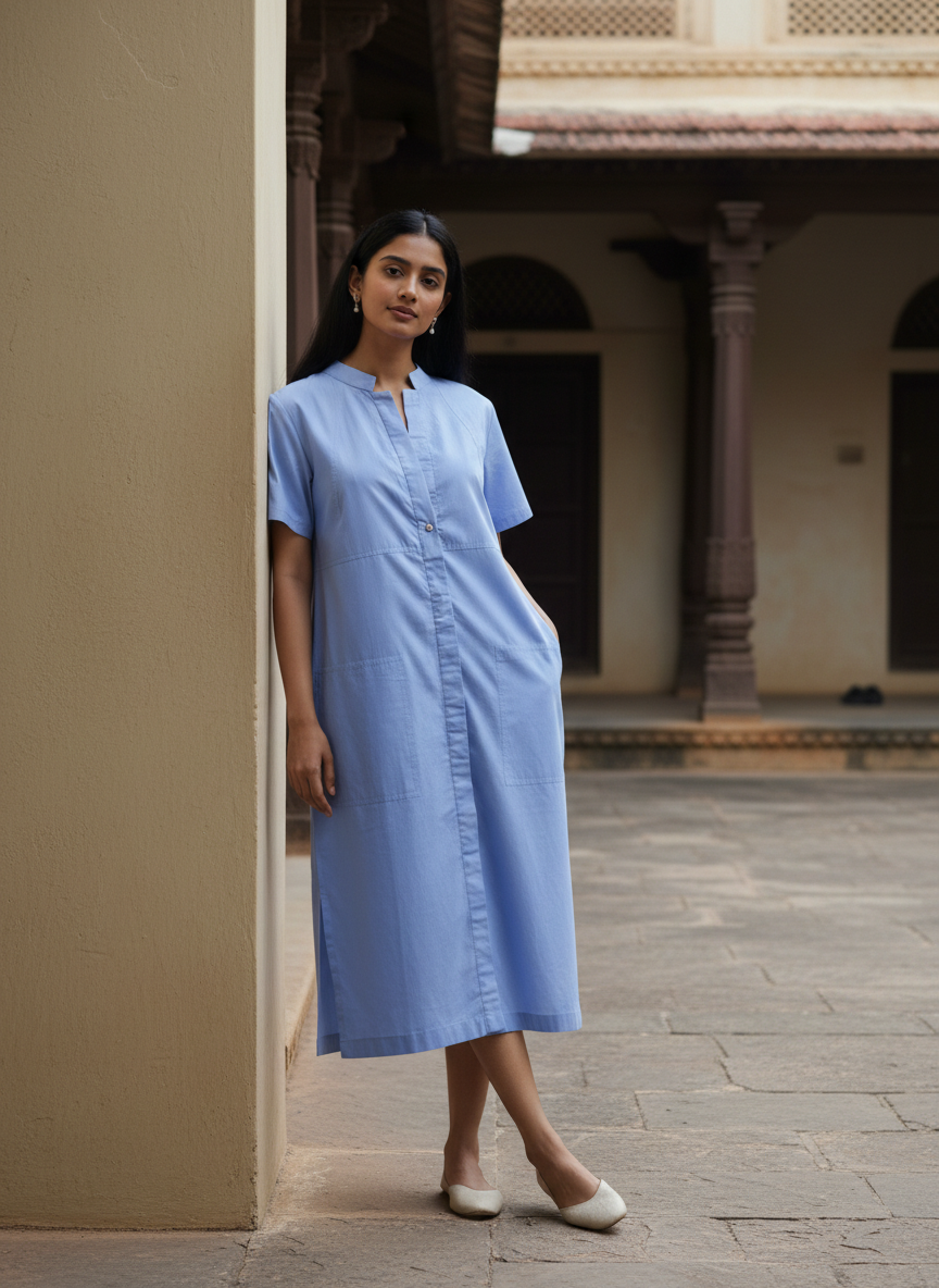 Soft Blue Cotton Shift Dress (Everyday Casual)