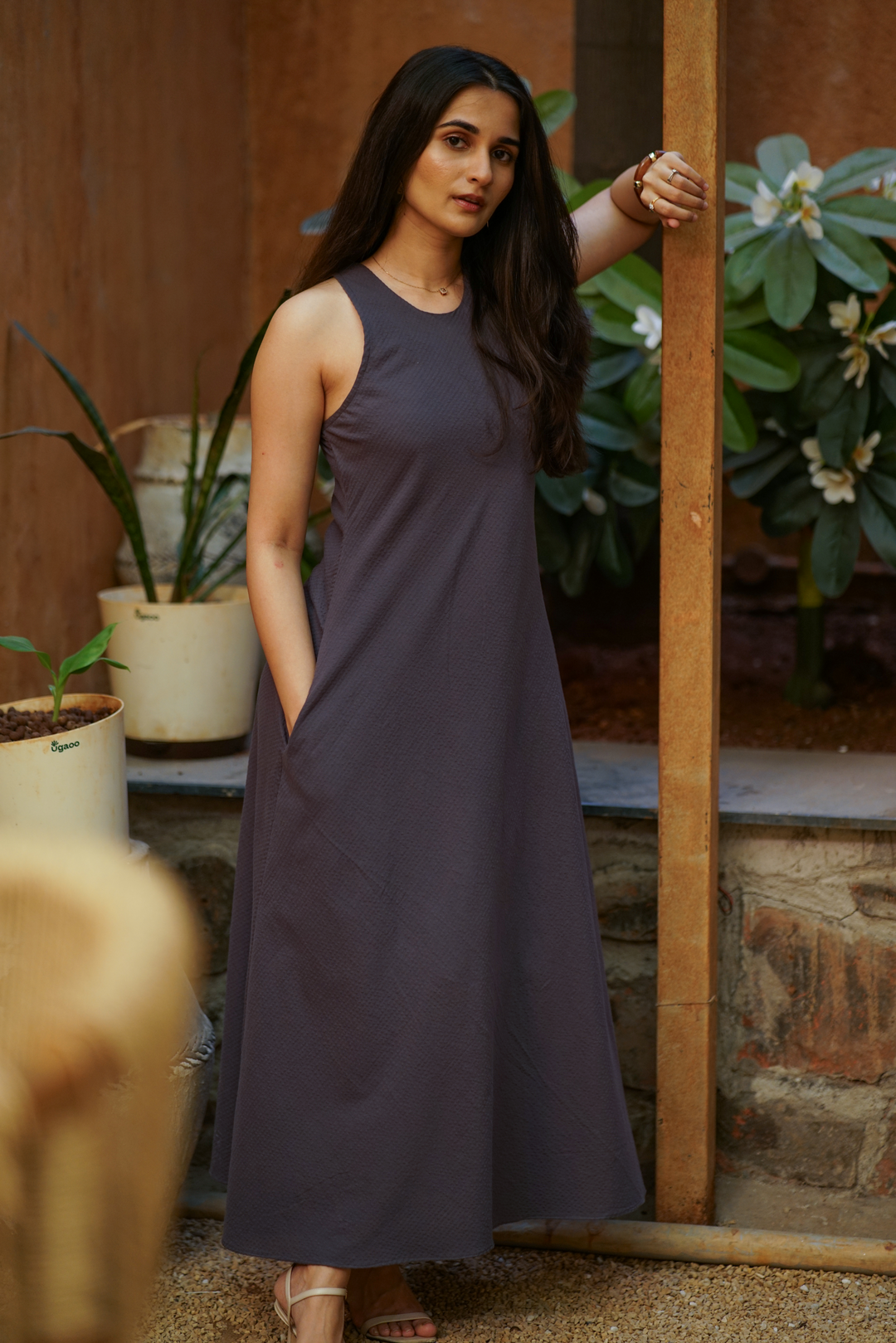 Slate Grey Organic Seersucker A-Line Maxi Dress