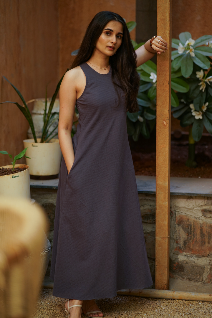 Slate Grey Organic Seersucker A-Line Maxi Dress