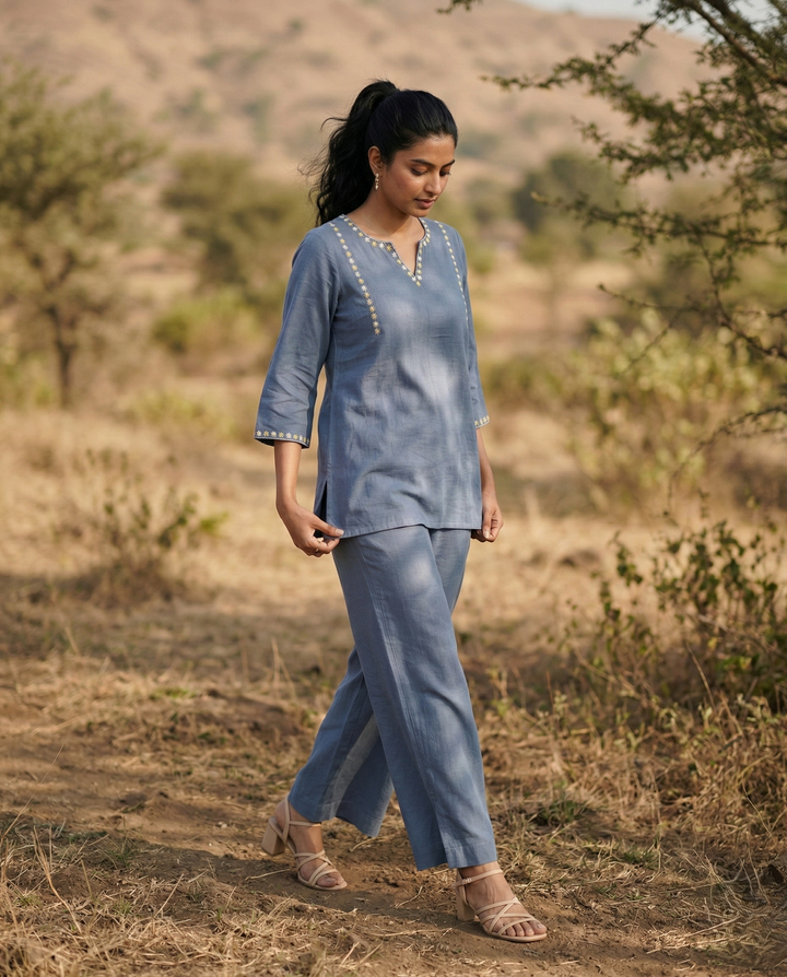 Greyish Blue Linen Co-ord Set (Casual Summerwear)