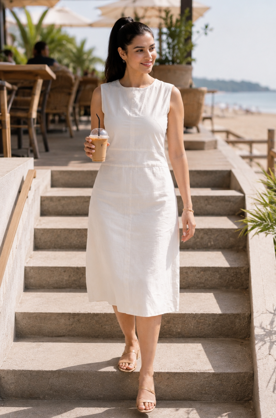 Pearl White Organic Cotton Midi Dress (Casual)