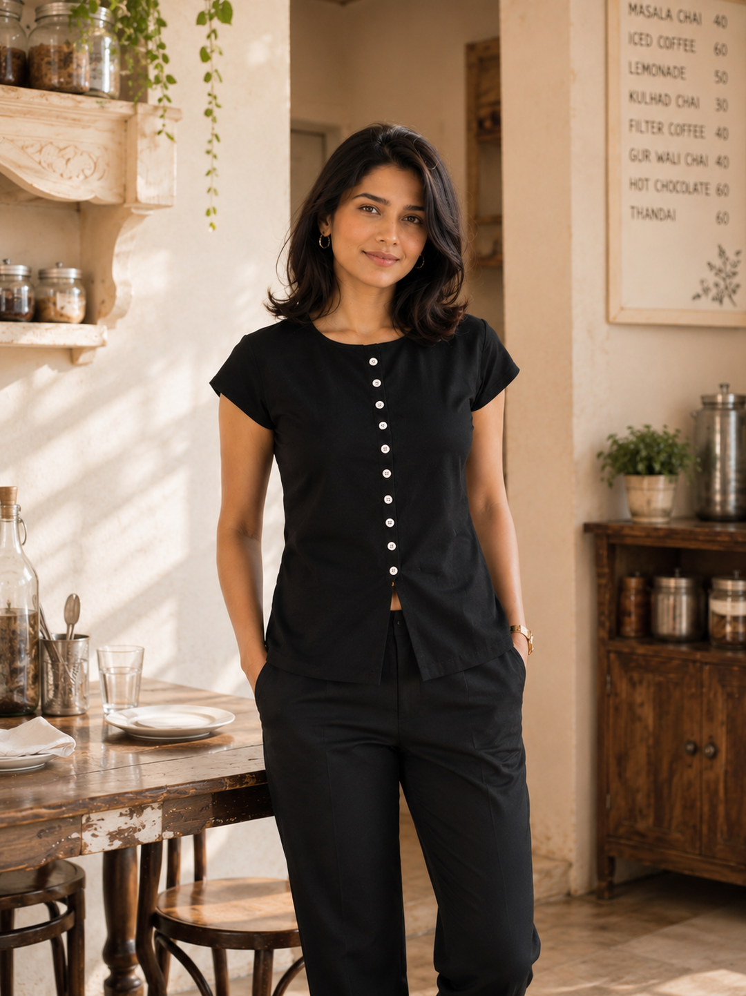 Black Solid Cotton Poplin Co-ord Set (Everyday Casual)