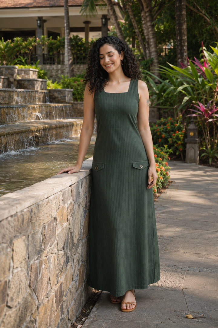 Olive Green Organic Cotton Seersucker Straight Dress (Casual)