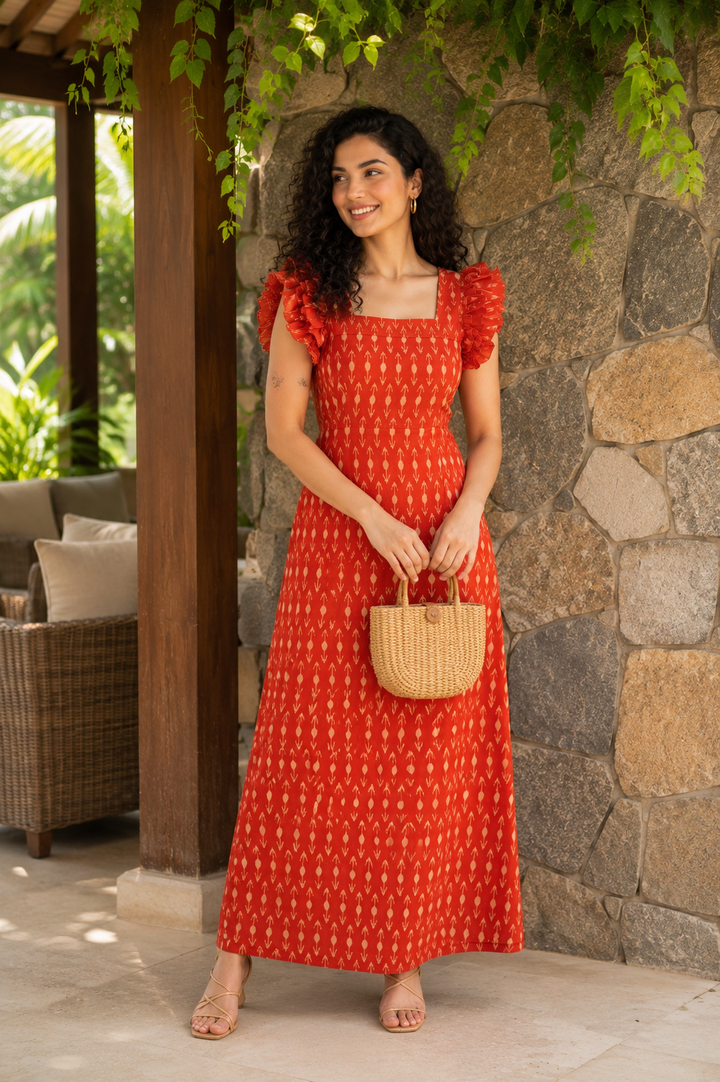 Amber Orange Handloom Ikkat Ruffle Sleeve Dress