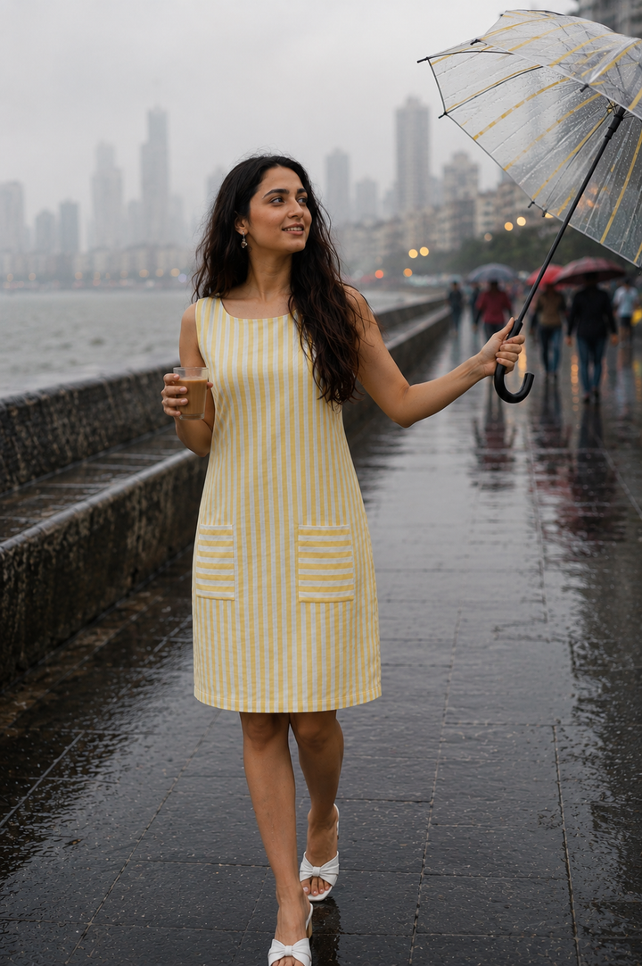 Yellow & Cream Handloom Kala Cotton Striped Dress