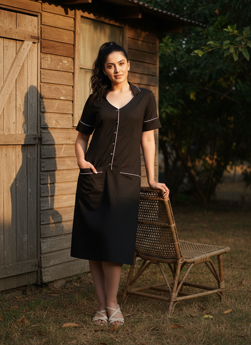 Black Organic Cotton Poplin Straight Midi Dress (Everyday Workware)