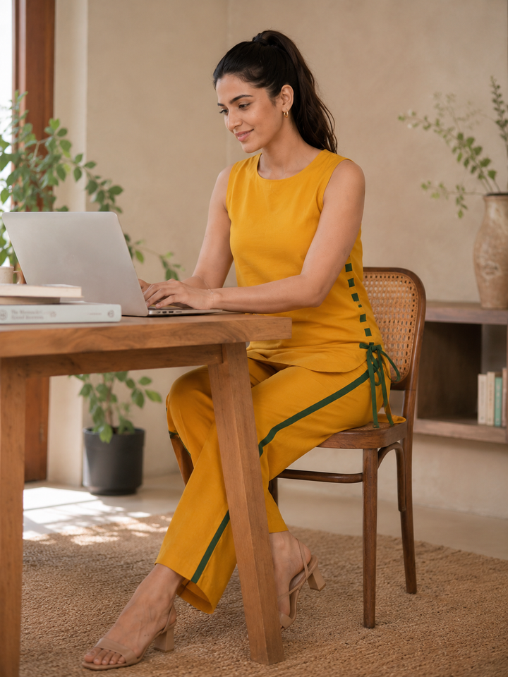 Mustard Yellow Solid Cotton Linen Co-ord Set