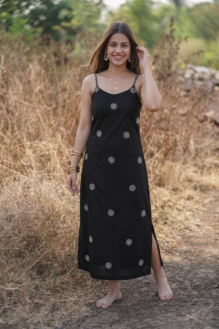 Black Embroidered Organic Cotton Poplin Midi Dress (Summer)