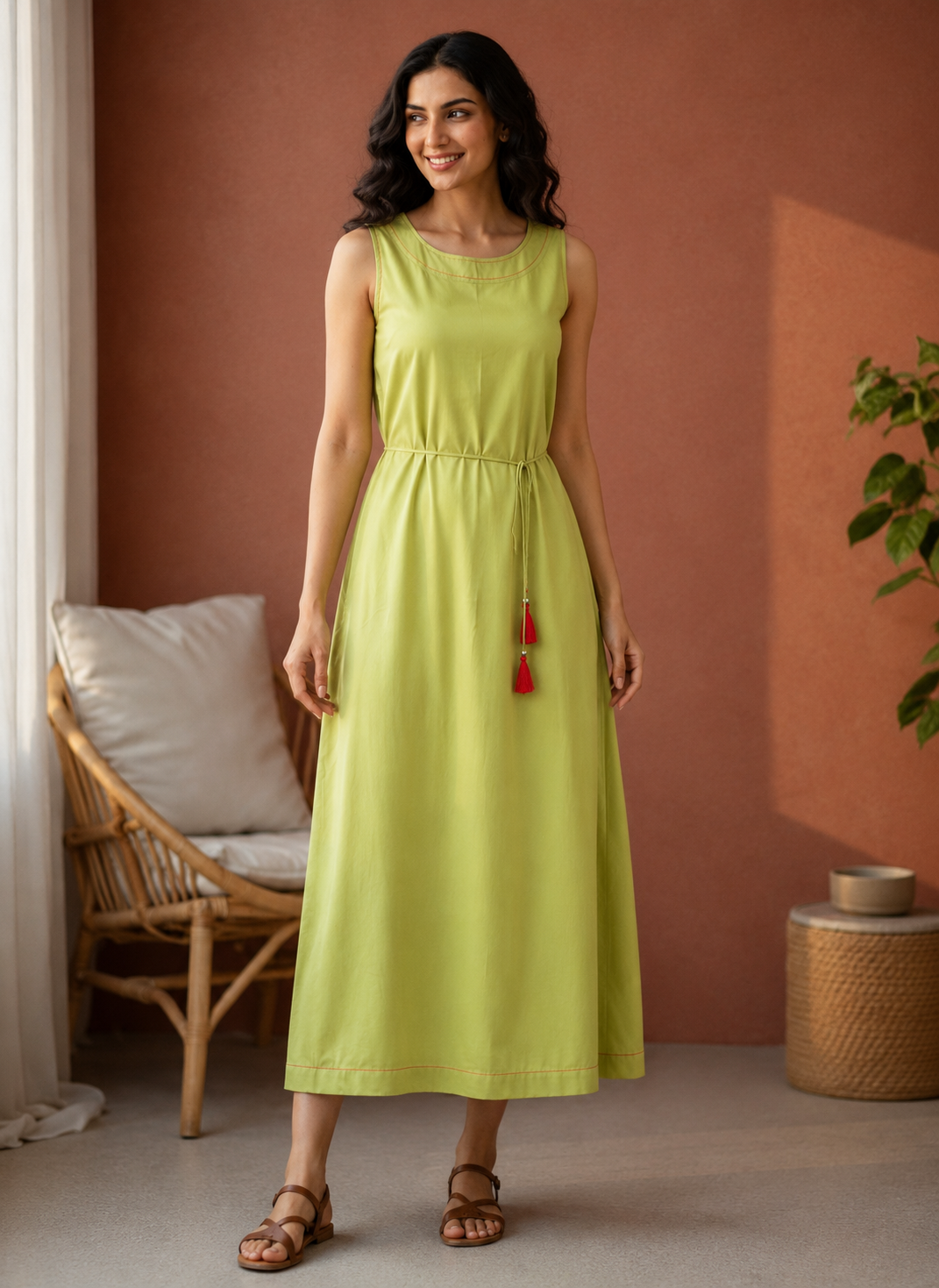 Lime Green EcoVero™ Viscose A-Line Midi Dress