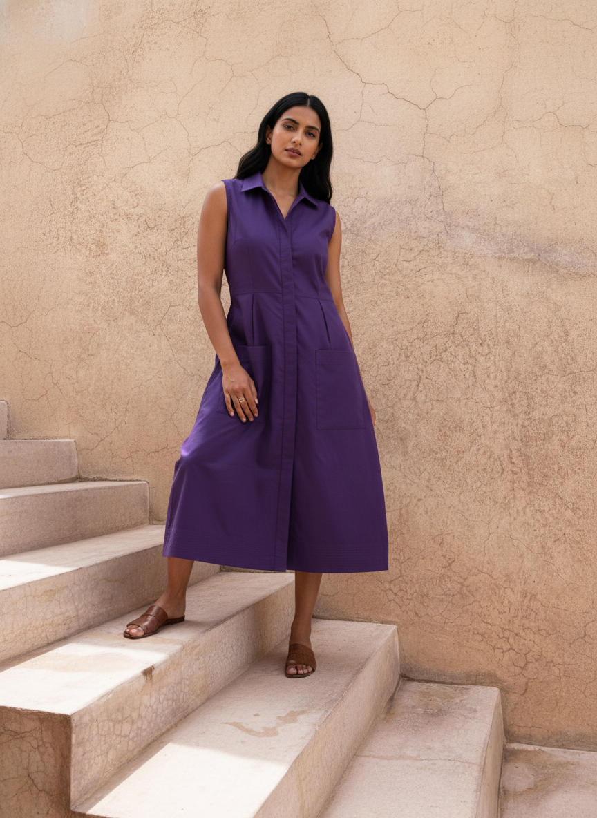 Amethyst Purple Cotton Midi Dress (Casual Summerwear) β Aryati