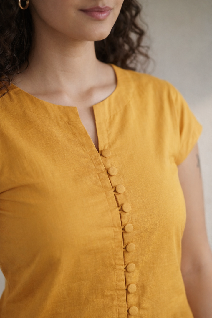 Mustard Yellow Linen Button-Down Midi Dress (Workwear)
