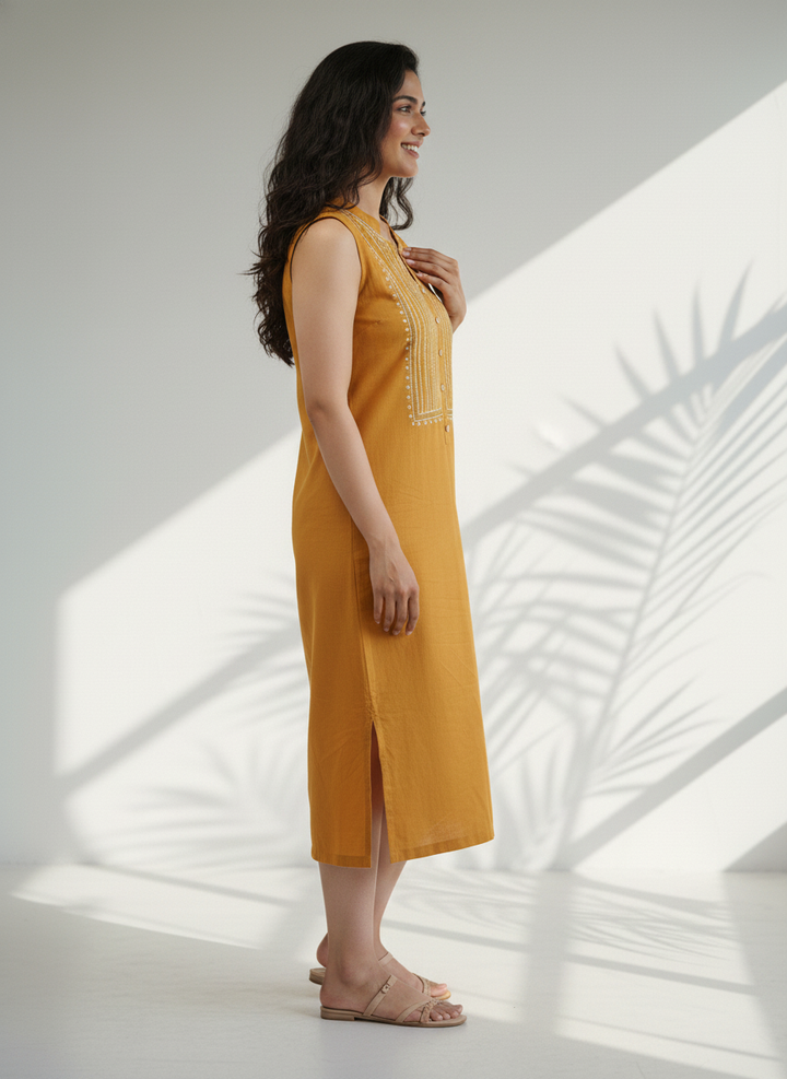 Mustard Cotton Linen Embroidered Straight Dress