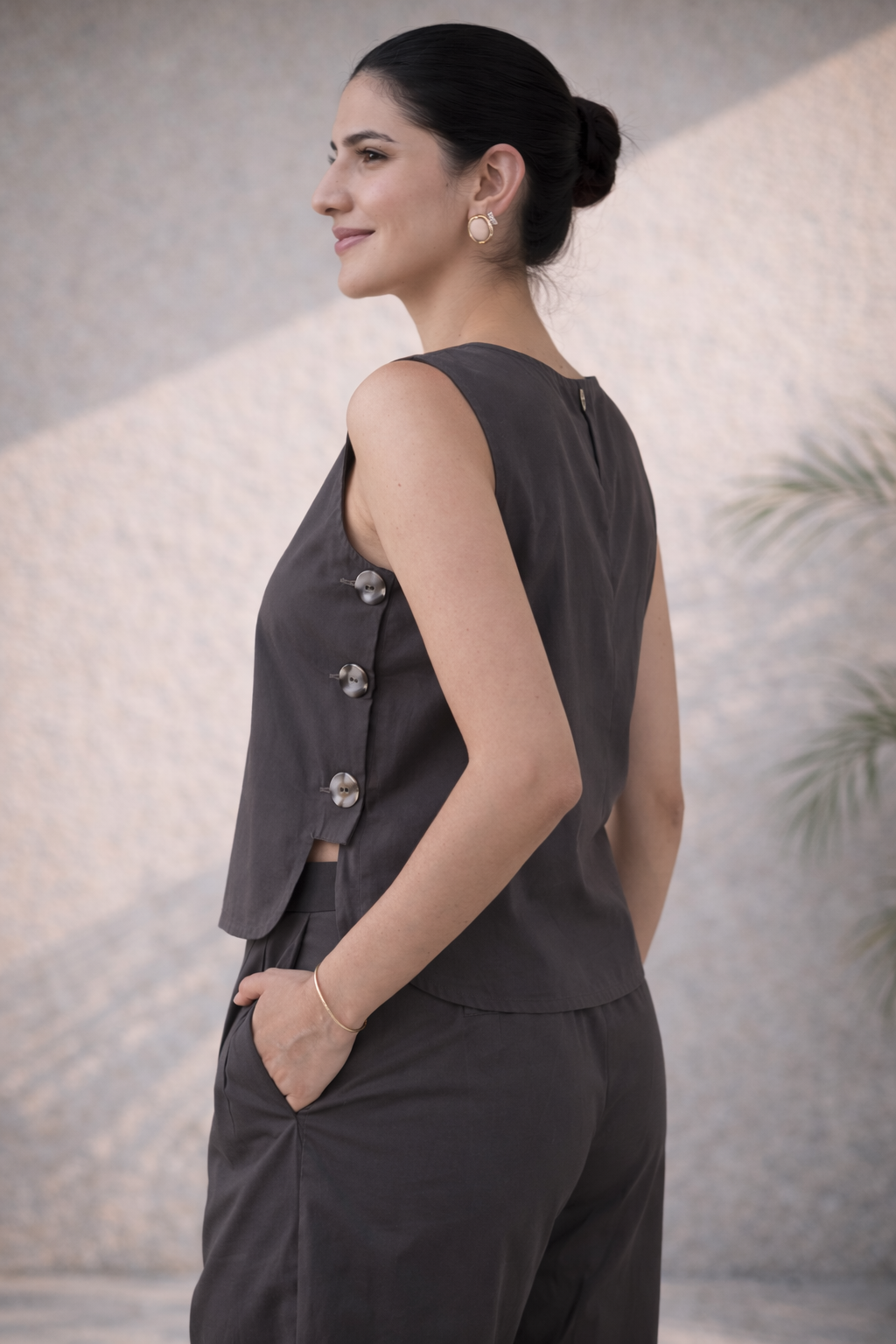 Ash Coffee Organic Cotton Poplin Side-Button Co-ord Set (Workwear)