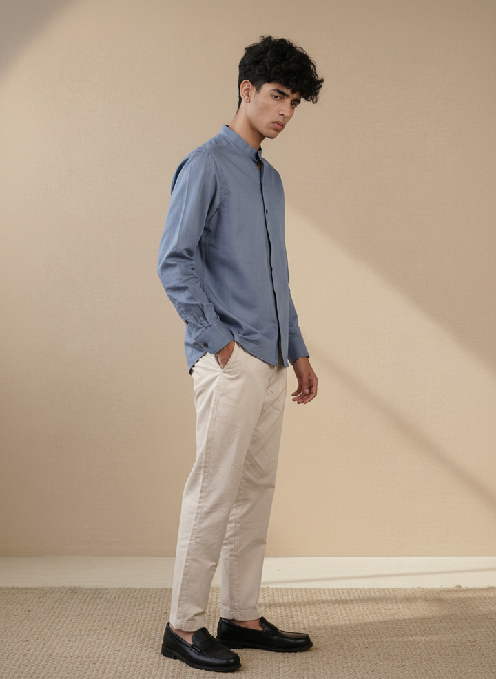 Ash Blue Natural Linen Mandarin Collar Shirt (Everyday Wear)