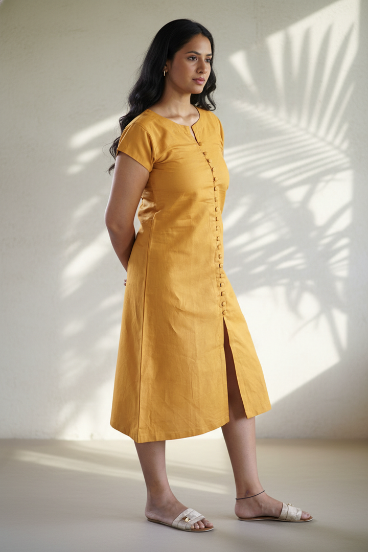 Golden Linen Button Dress