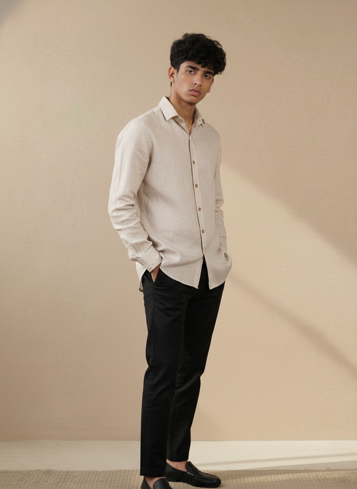 Sandstone Beige Pure Linen Regular Fit Shirt (Casual Office Wear)
