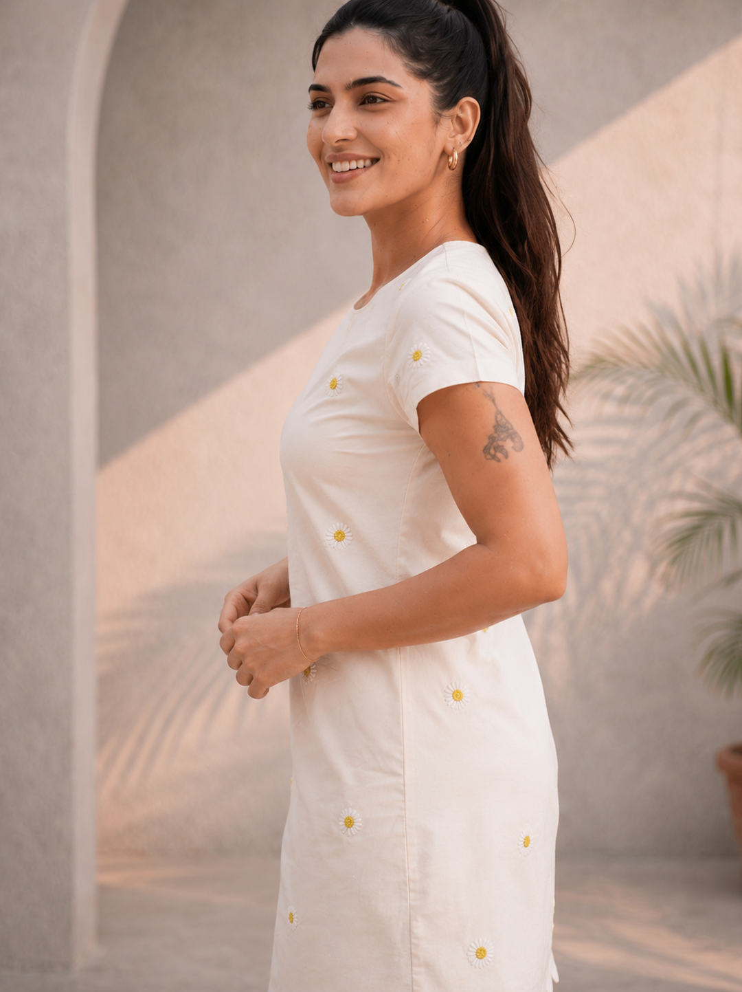 Off-White Daisy Embroidered Cotton Midi Dress (Casual Summerwear)
