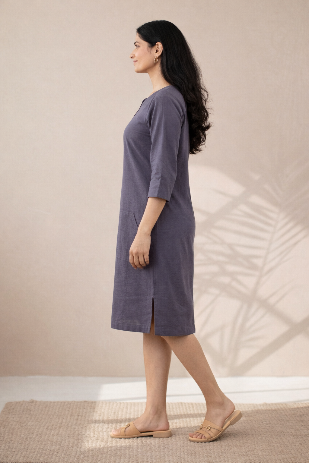 Slate Grey Seersucker Shift Midi Dress (Easy Everyday)