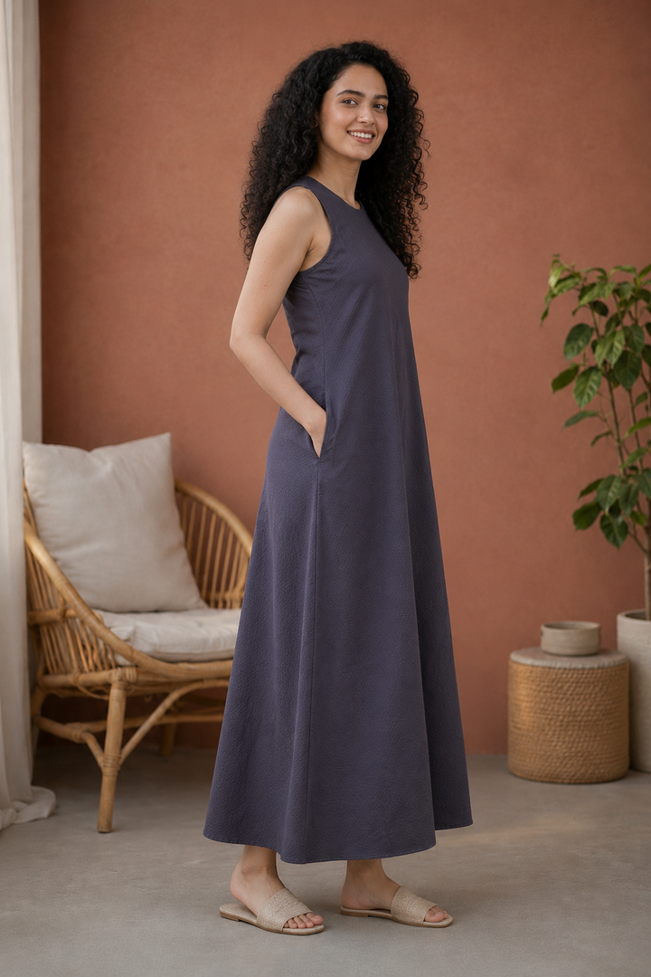 Slate Grey Organic Seersucker A-Line Maxi Dress