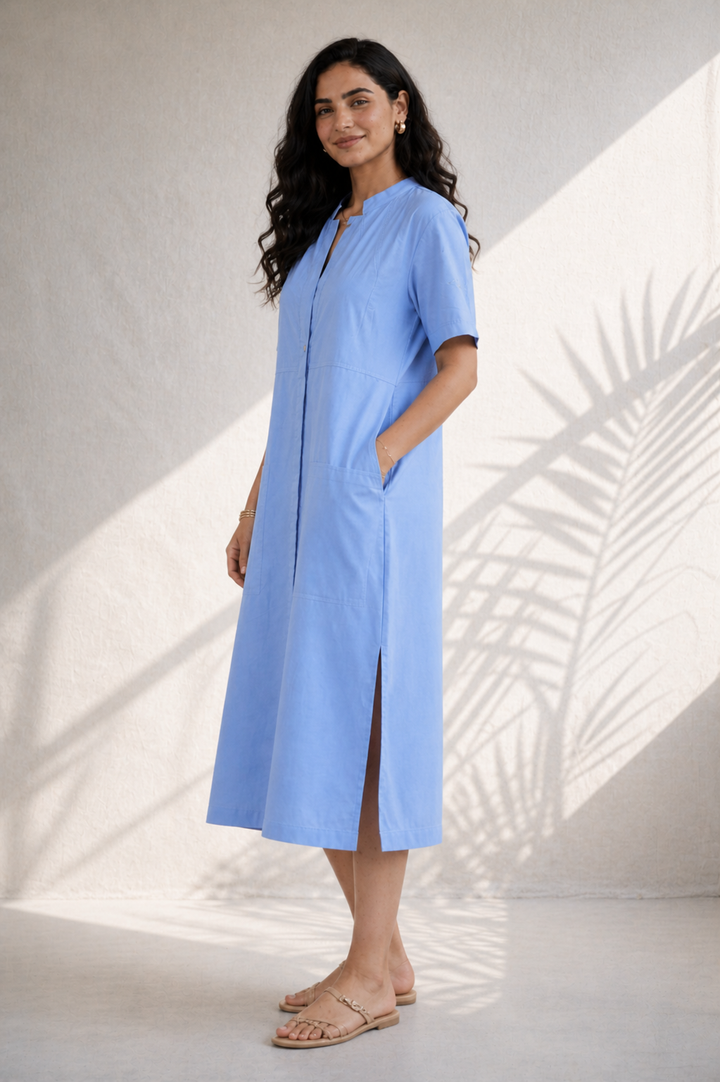 Soft Blue Cotton Shift Dress (Casual/ Workwear)
