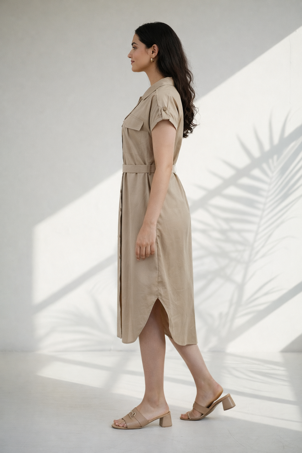 Khaki Organic Cotton Poplin Shirt Midi Dress