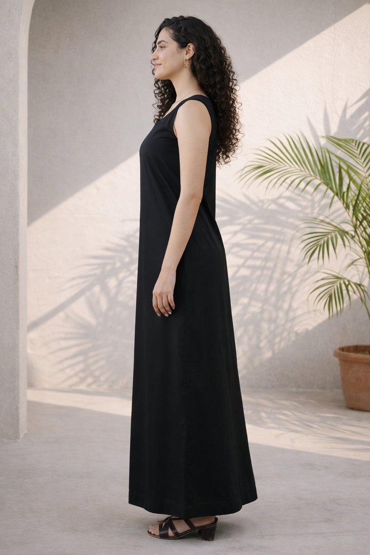Black Cotton Slip Midi Dress (Eveningwear)